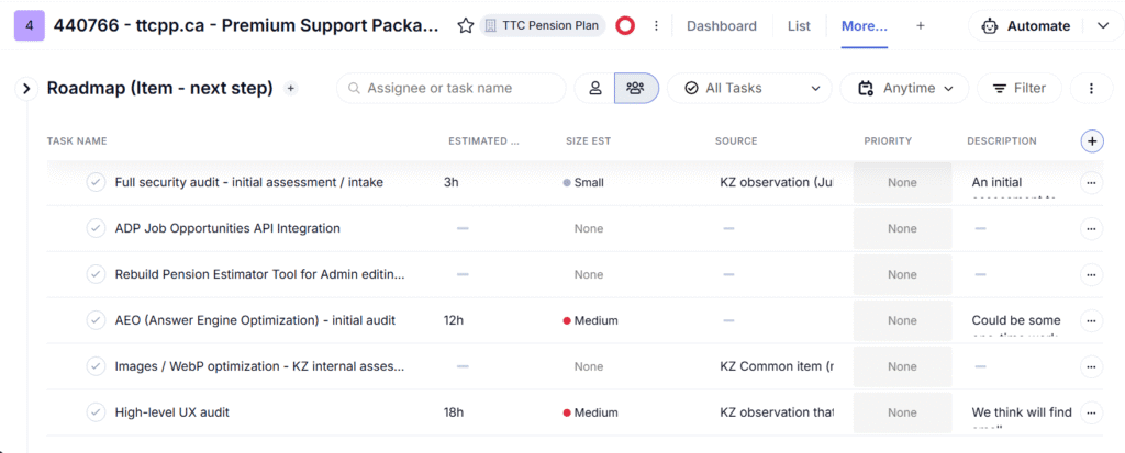 Sample Roadmap in Teamwork using the Table view
